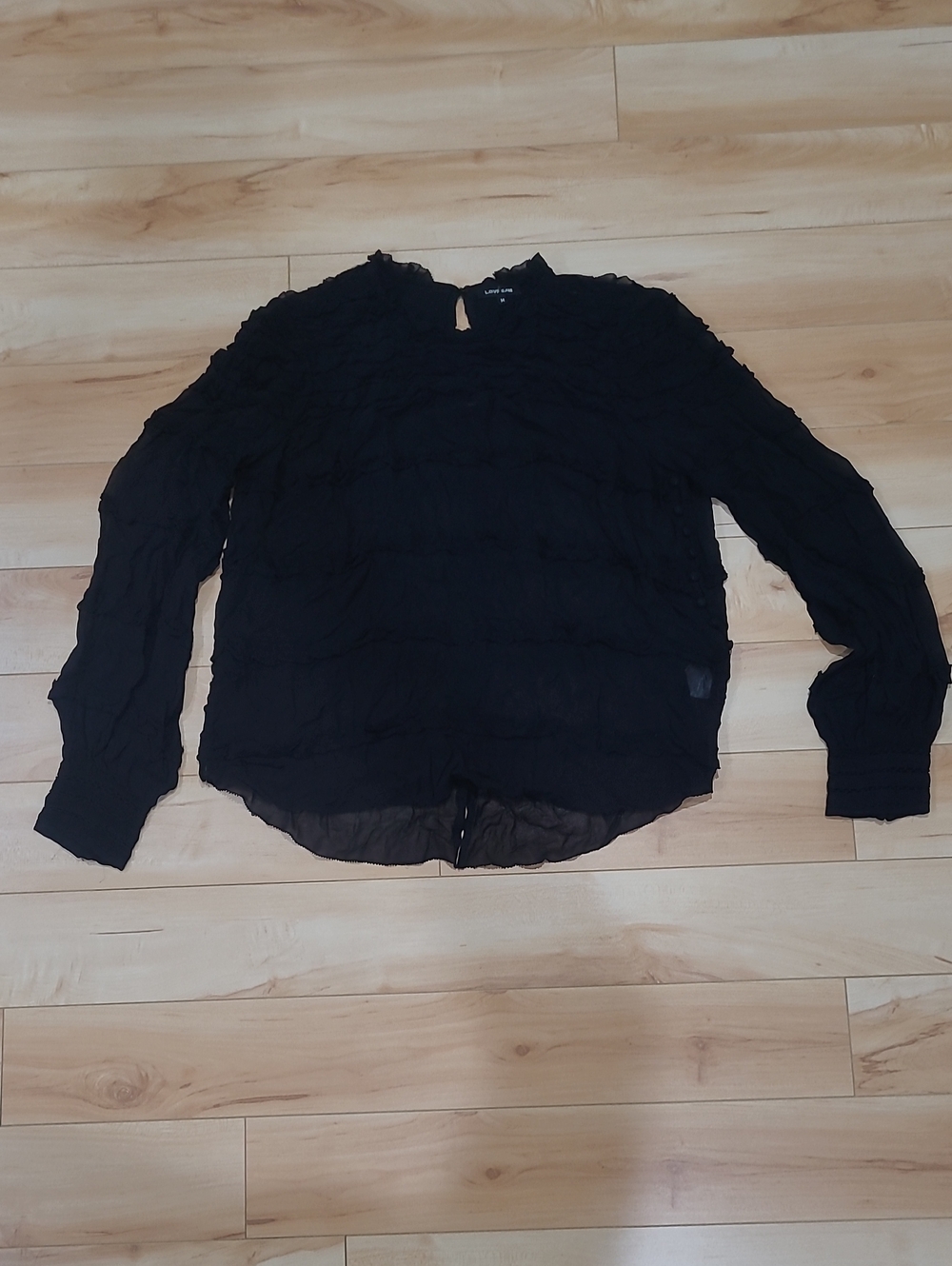 Love Sam Womn's Size Medium Black Sheer Ruffle Blouse